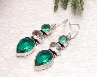 Green Fluorite Drop Earrings: 925 Sterling Silver, Handmade