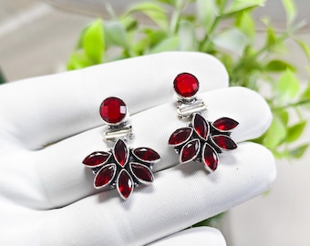 Garnet Leaf Earrings, 925 Sterling Silver Earring, Red Gemstone Stud Dangle Earrings, January Birthstone Earring, Nature Inspired Earring>>>