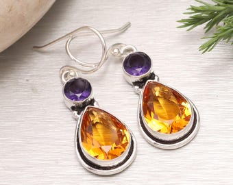 Oorbellen citrien amethist topaas: 925 sterlingzilver, handgemaakt