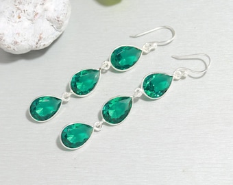 Pendientes de fluorita verde hechos a mano: Pendientes colgantes de plata de ley con piedra preciosa.