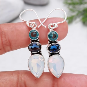 Handmade Opal Sapphire 925 Sterling Silver Dangle Earrings