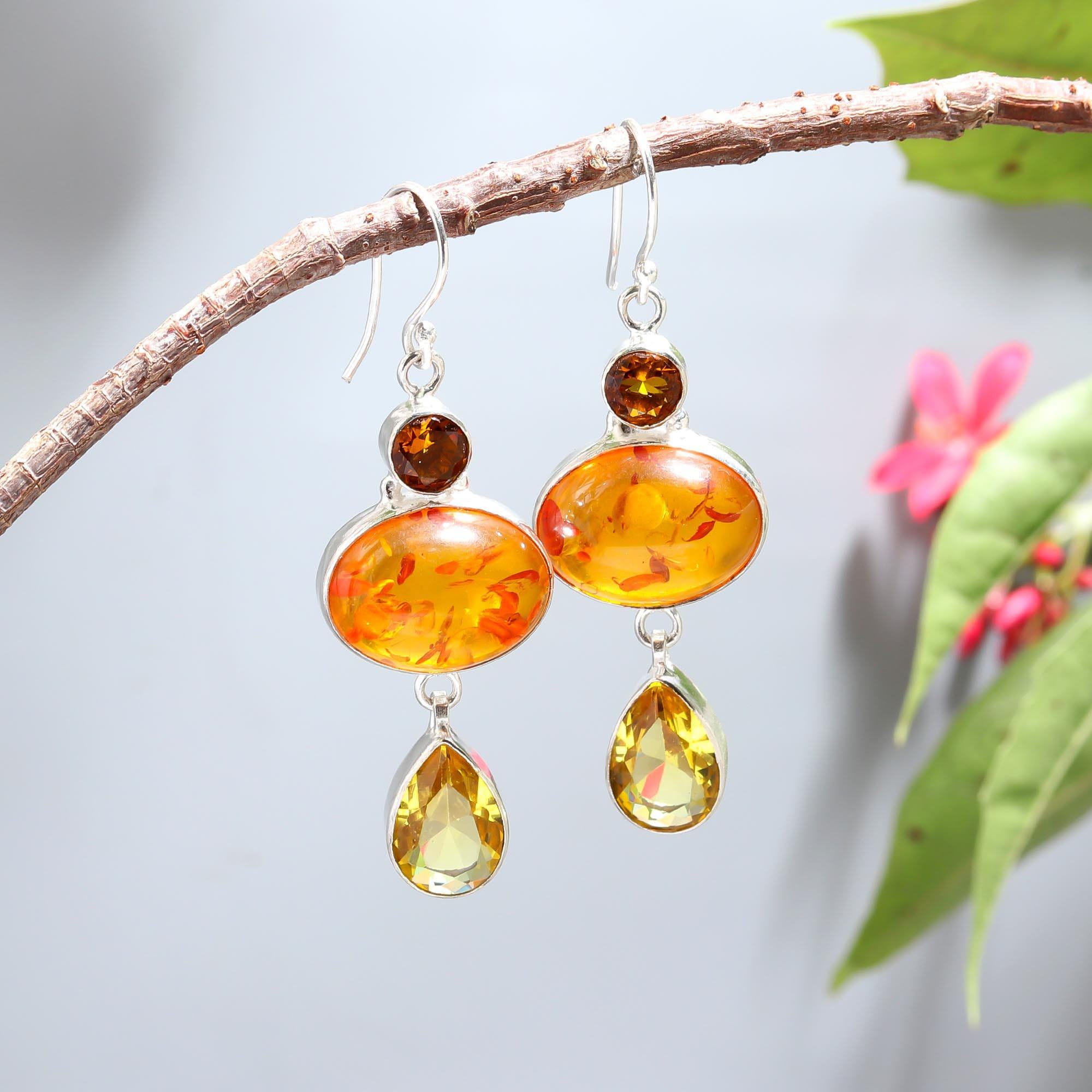 Boucles D'oreilles Femme En Ambre De La Baltique – Argent Sterling, Fait Main Pologne, #10