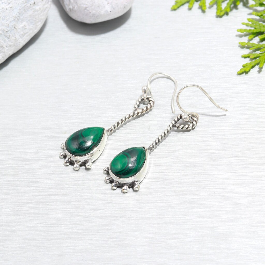 Orecchini A Goccia Fatti A Mano In Argento 925 Con Malachite Naturale - Gioielli Minimalisti Moderni Per Donne E Ragazze, Idea Regalo