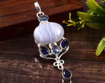 Handmade Blue Lace Agate Pendant: 925 Sterling Silver Gemstone