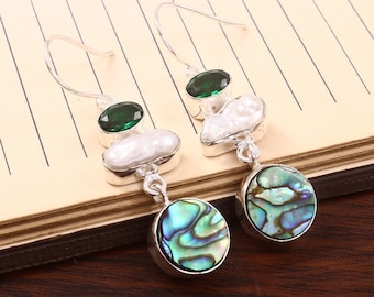 Sterling Silver Abalone Pearl Drop Earrings, Emerald Gemstone