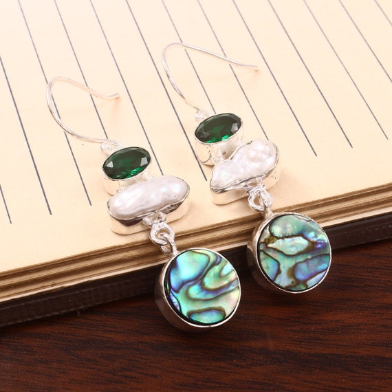 Orecchini Pendenti In Argento Sterling 925 Con Conchiglia Abalone – Lunghi 4 Cm – Fatto A Mano