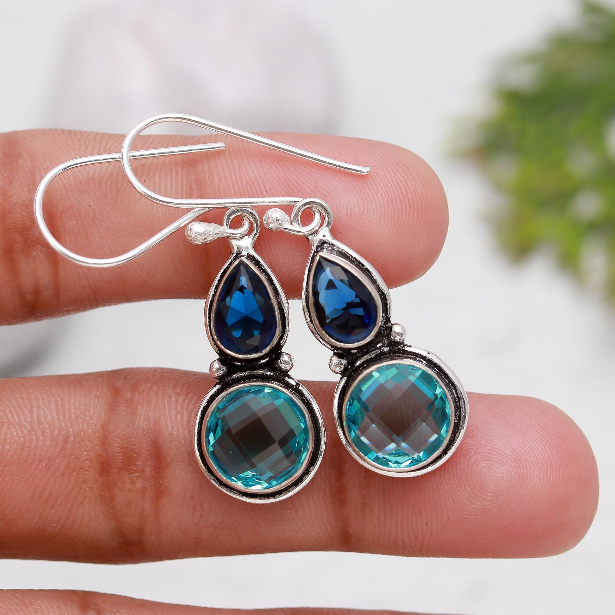 Handmade Blue Topaz Sterling Silver Earrings: Amethyst Gemstone