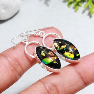Australischer schwarzer Feueropal Ohrringe: Sterling Silber Tropfen