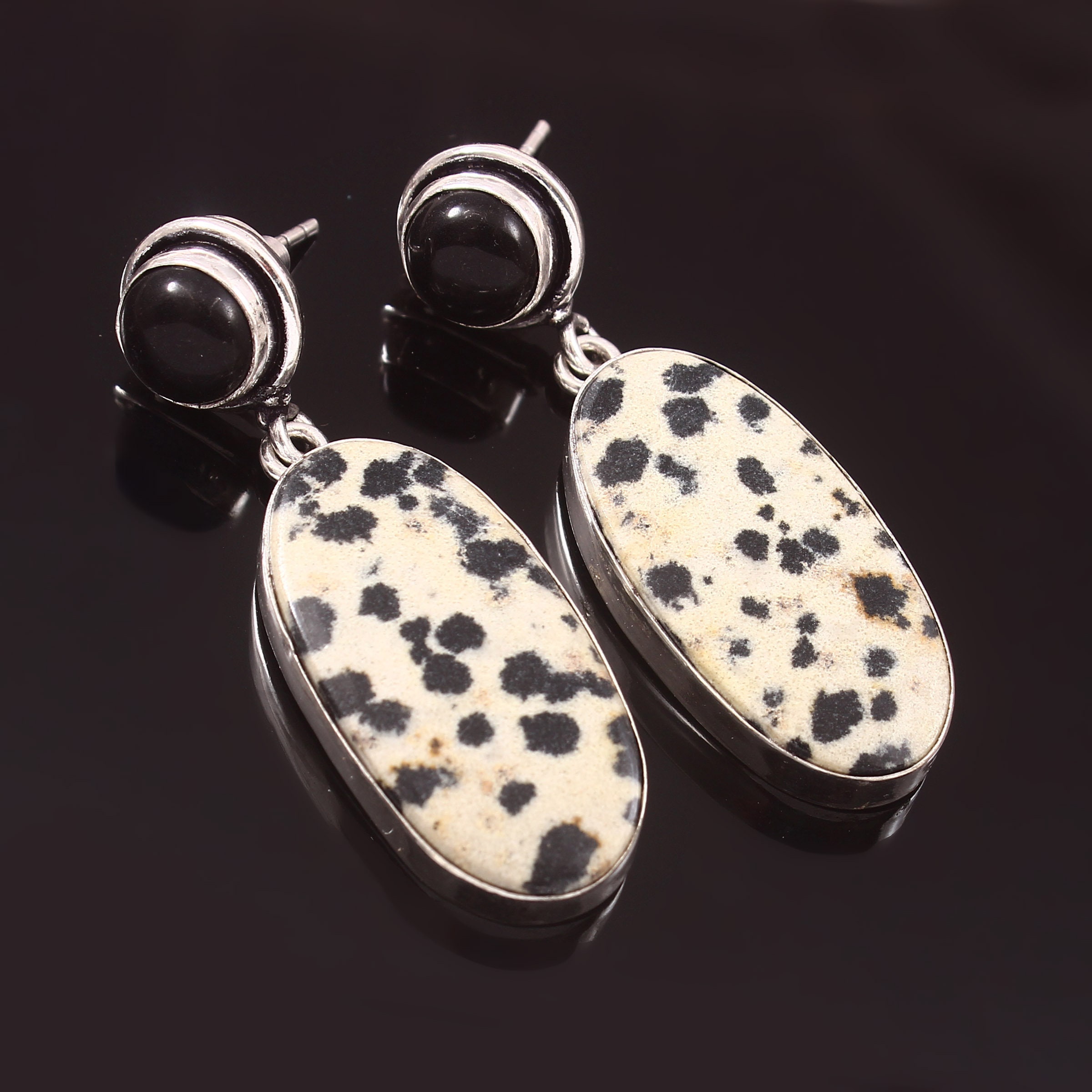 Orecchini A Lampadario In Argento Sterling 925 Con Diaspro Dalmata - Ganci Bohemian - Foto 2