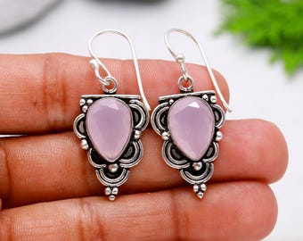 Handmade Pink Chalcedony Earrings: 925 Sterling Silver Pear Gemstone