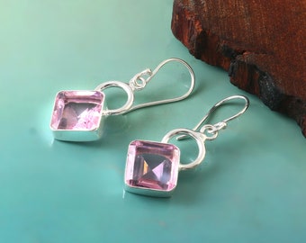 Handmade Cushion Cut Pink Kunzite 925 Sterling Silver Earrings