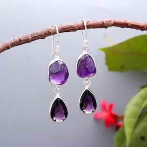 Raw Amethyst 925 Sterling Silver Drop Earrings