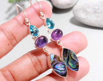Handmade Sterling Silver Dangle Earrings, Blue Topaz, Amethyst, Abalone