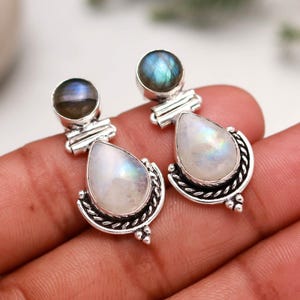 Boucles d'oreilles en argent sterling 925 avec pierre de lune et labradorite