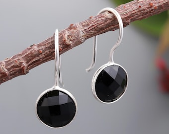 Black Onyx Sterling Silver Earrings: Dainty Round Dangle
