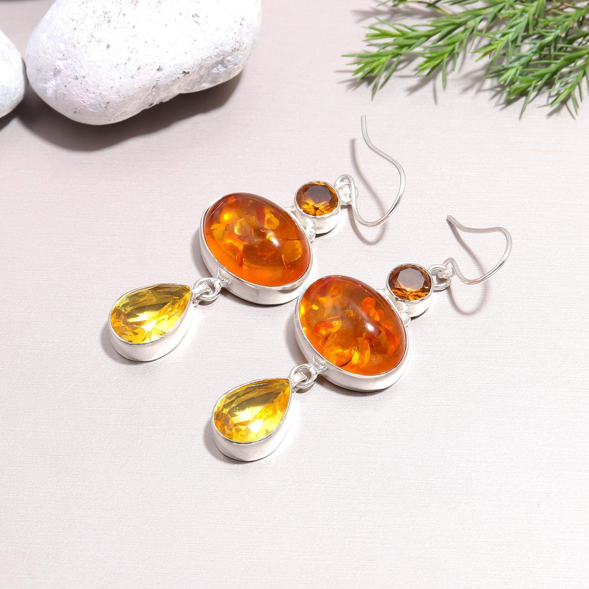 Boucles D'oreilles Vintage Soviétiques - Ambre Baltique, Estampillées, Occasion
