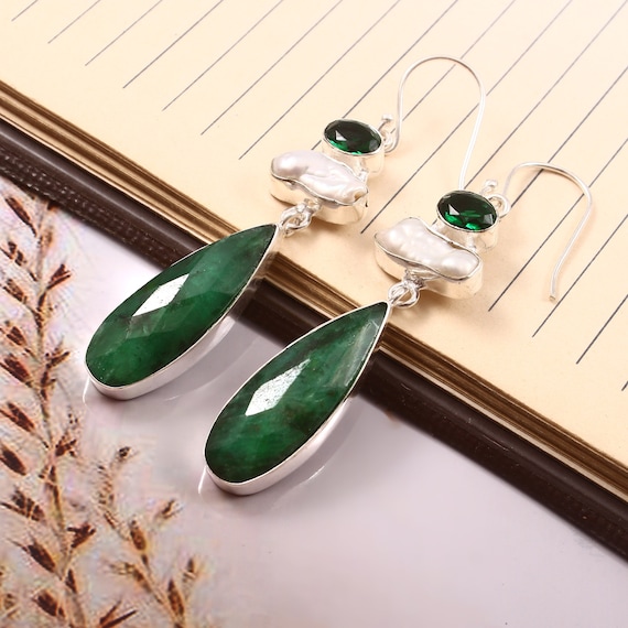 Boucles D'Oreilles En Argent 925 Avec Kunzite Verte Lab-Créée - Style Créoles - Longueur 3 Cm - Neuf Sans Emballage