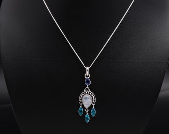Rainbow Sapphire 925 Sterling Silver Pendant - Blue Topaz Gemstone Necklace