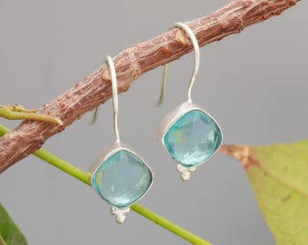 Handmade Cushion Aquamarine Earrings: 925 Sterling Silver Dangle Earrings