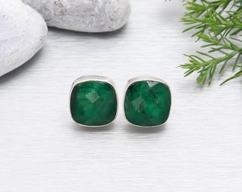 Emerald Stud Earrings: Cushion Cut, 925 Sterling Silver