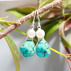 Handmade Turquoise Pearl Earrings: 925 Sterling Silver Jewelry