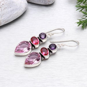 Kunzite Tourmaline Amethyst Earring: 925 Sterling Silver Gemstone