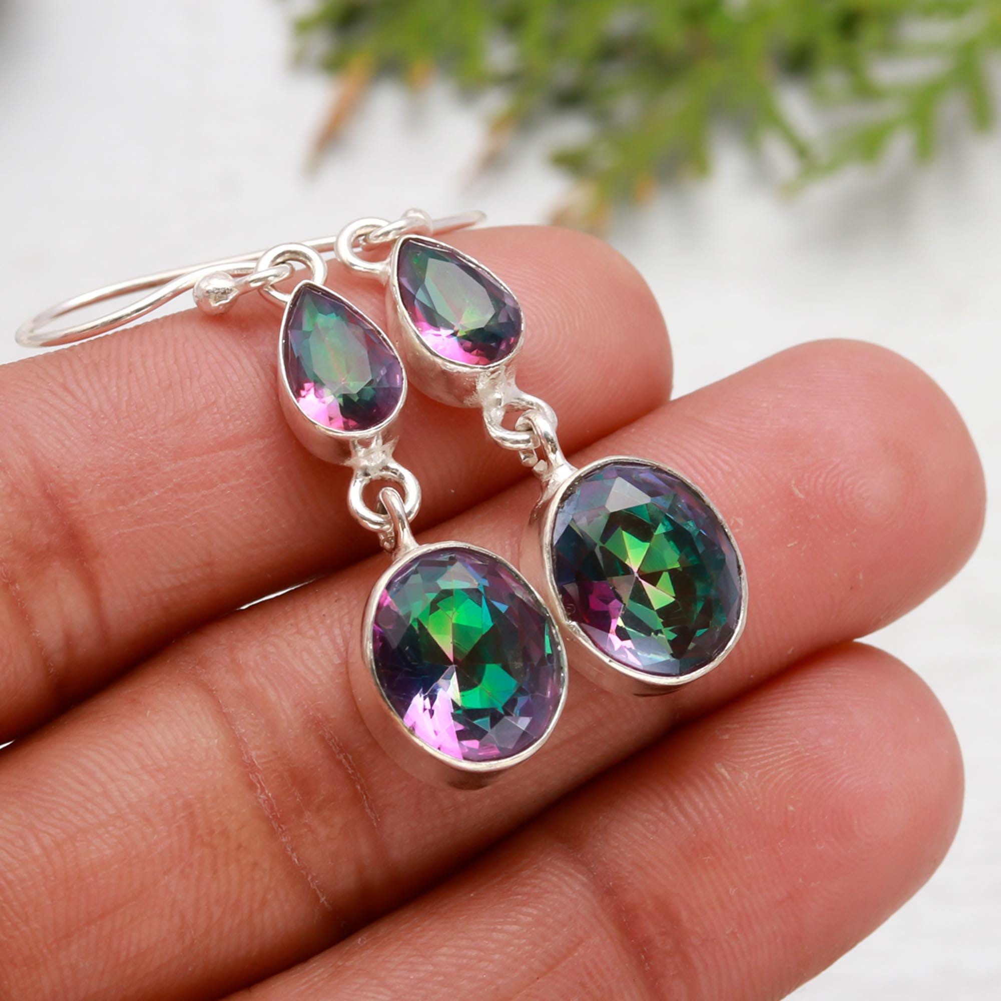 Boucles D'oreilles Pendantes En Argent Avec Topaze Mystique Et Opale De Feu Bleu - Neuf Sans Emballage