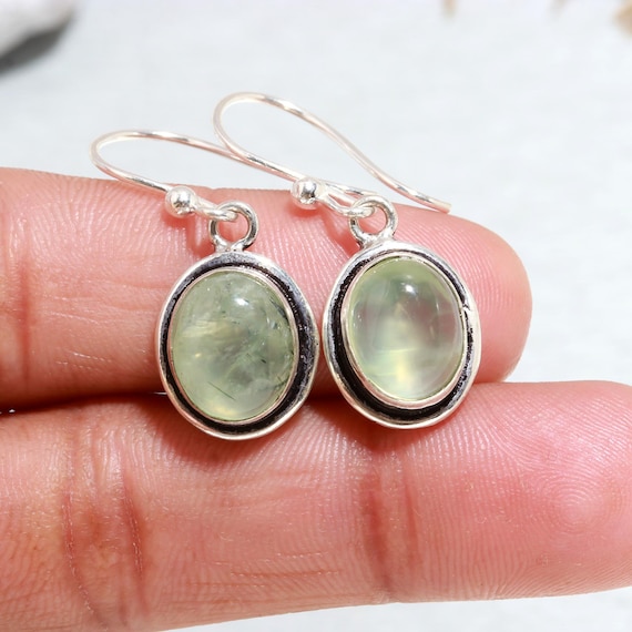 Oval Green Prehnite Earrings: Sterling Silver Dangle Drop Earrings