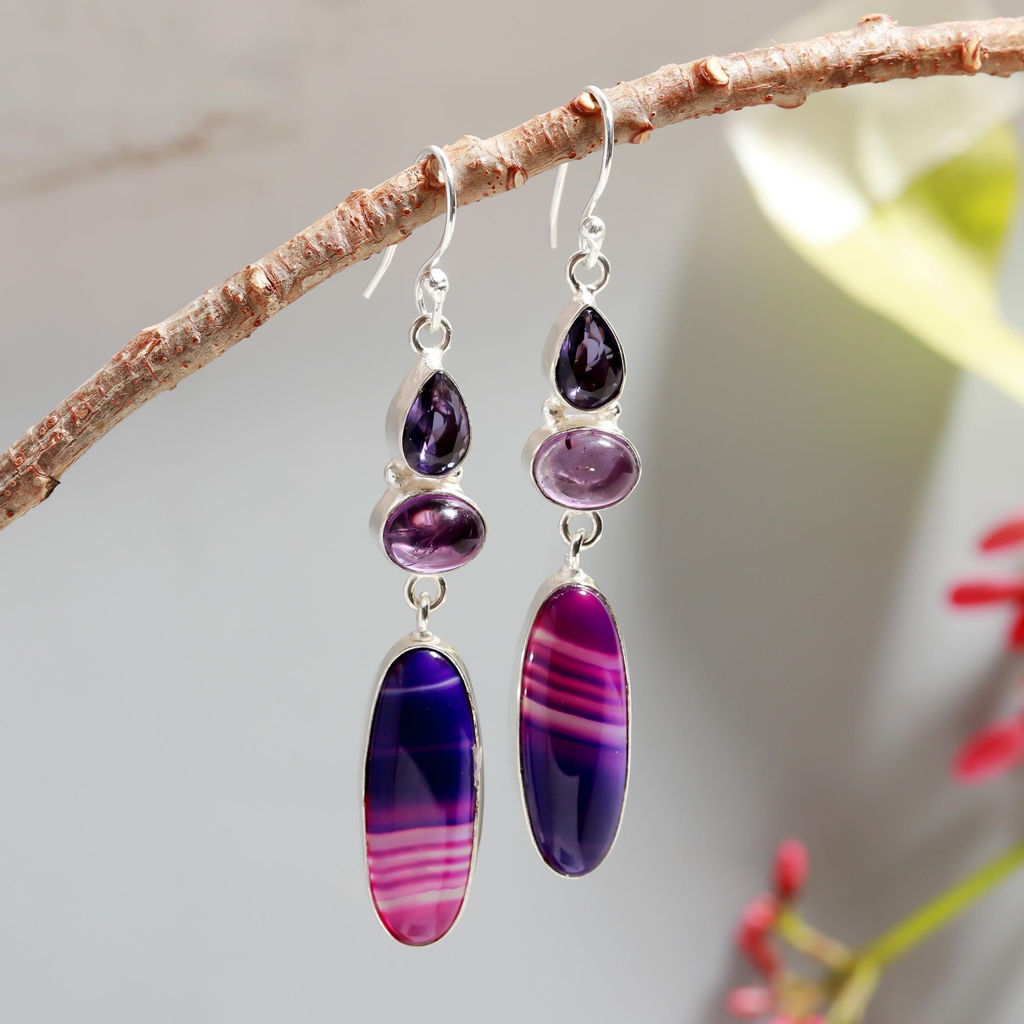 パープルボツワナアゲートイヤリング：ハンドメイドスターリング