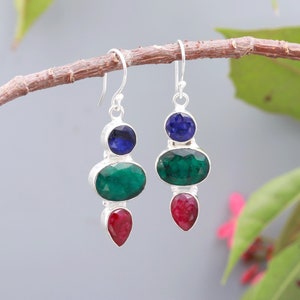 Ruby Emerald Sapphire, 925 Sterling Silver Jewelry, Genuine Gemstone Jewelry, Handmade Jewelry, Gift For Her...