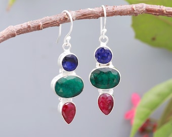 Ruby Emerald Sapphire Earrings: Sterling Silver Gemstone Jewelry