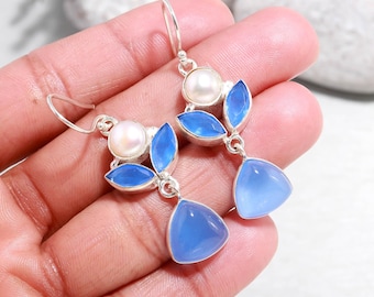 Orecchini a goccia in calcedonio blu, argento sterling 925, placcato oro - Italia