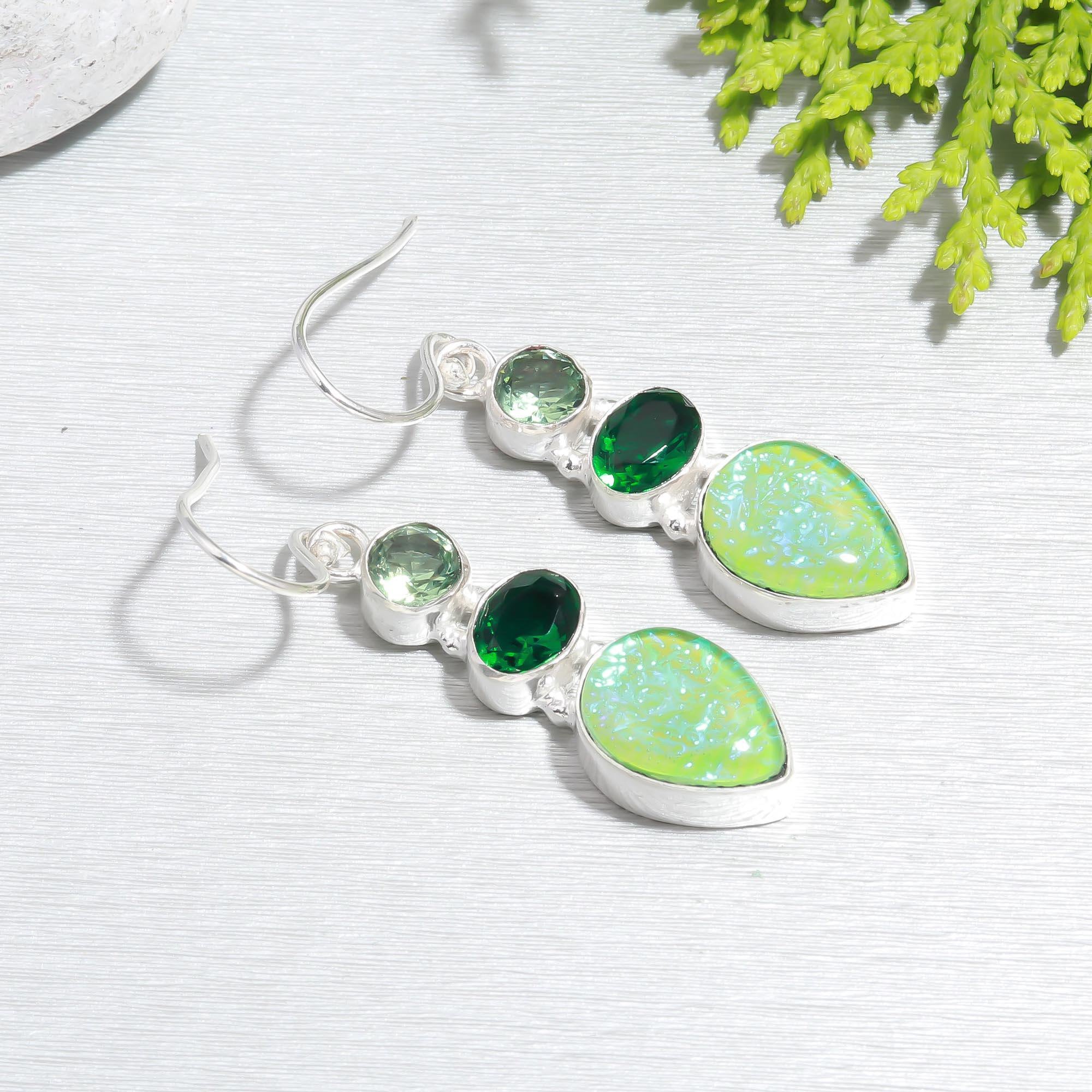 Boucles D'oreilles En Argent 925 Avec Opale De Feu, Spinelle Et émeraude - Forme Ovale 6x4mm, Multicolore, Neuf