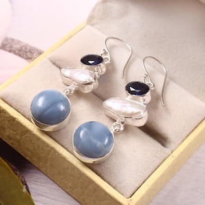 Handmade Sterling Silver Opal Pearl Earrings: Sapphire Accent