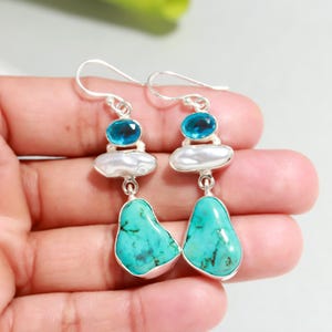 Turquoise Pearl Sterling Silver Earrings: Handmade Gemstone Jewelry