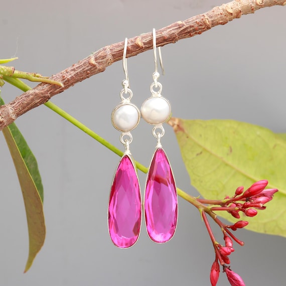 Handmade Pink Kunzite & Pearl Sterling Silver Earrings