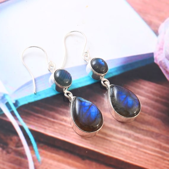 Pear Labradorite Earrings: 925 Sterling Silver Dangle Jewelry