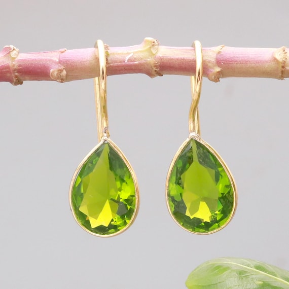 Peridot Teardrop Earrings, 18ct Gold Plated 925 Silver Earrings.