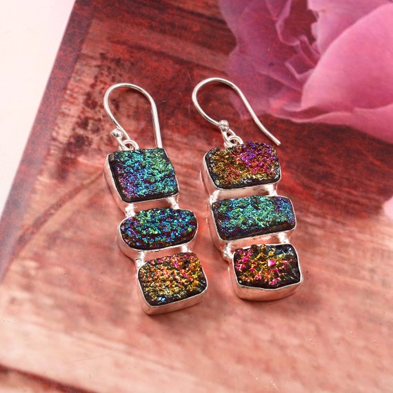 Titanium Druzy Dangle Earrings: 925 Sterling Silver Gemstone