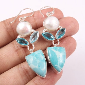 Brincos Larimar, brinco de pedra preciosa de pérola de topázio azul, tira 925, joias Larimar, brinco feminino exclusivo, brinco pendurado