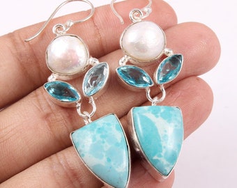 Larimar Dangle Earrings: Blue Topaz & Pearl, 925 Silver