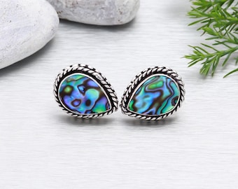 Abalone Shell Sterling Silver Stud Earrings: Pear Gemstone