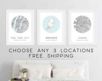 Map Etsy - set of 3 personalized city map prints city map wall art custom map gift customized map poster city map wall art posters
