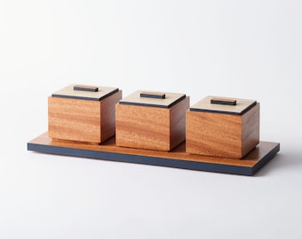 Unique boxes on a tray, stunning design, made from sapele and ash, wraparound woodgrain, hostess gift