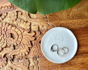 Polymer clay, Personalized wedding ring holder, love Jewelry dish Mrs. trinket dish marriage, engagement ringdish, bridesmaids gift, minimal