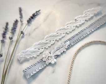 White & Blue Wedding Bridal Garter set with lace and freshwater pearls, keep sake and toss away