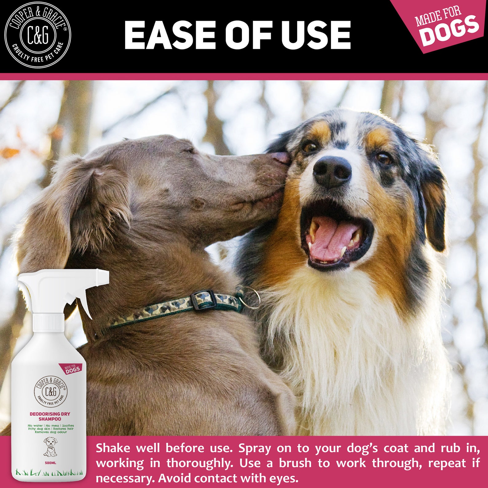 Dry Dog Shampoo Spray for Smelly Dogs 500ML Wipe Clean Stain Remover