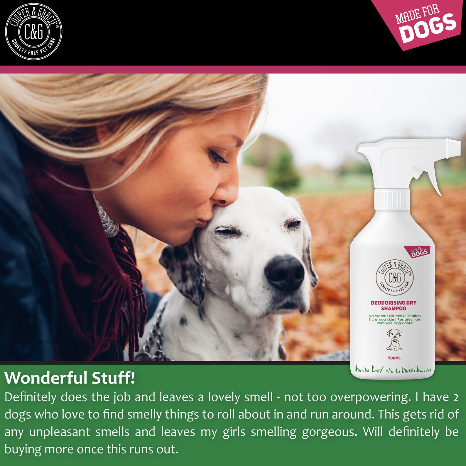 Dry Dog Shampoo Spray for Smelly Dogs 500ML Wipe Clean Stain Remover