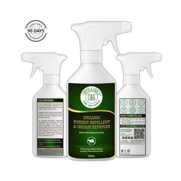 Organic Rodent Repellent Odour Remover 500ml | Non-Toxic – 100% Plant Derived Formula | Combats Pheromone Trails | Peppermint & Cedarwood