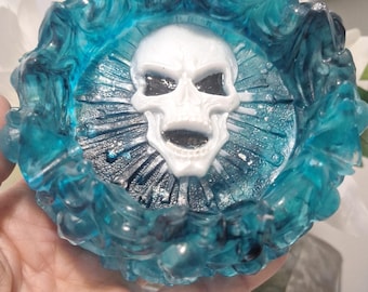 Handcrafted Blue & Black Gothic Resin Art Skull Ashtray or Trinket Dish